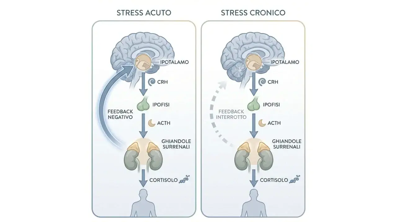 Schema che illustra stress acuto e cronico. Mi sento come se sto vivendo un periodo difficile, con il feedback interrotto che causa un eccesso di cortisolo.