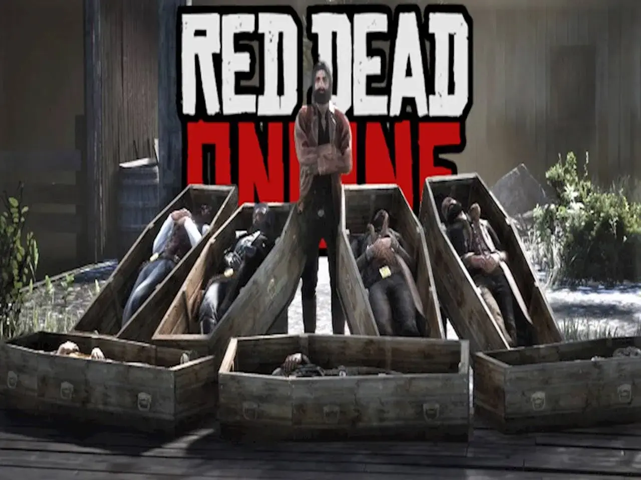 Mężczyzna w stroju z gry Red Dead Redemption stoi nad kilkoma trumnami z ciałami.
