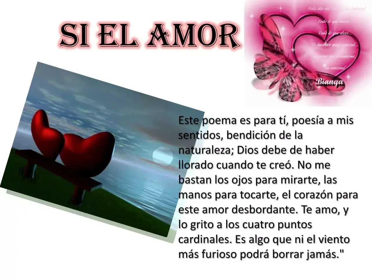 Corazones rojos en un paisaje, junto a un poema que celebra la amistad. Bonitos poemas de amistad que expresan amor y gratitud.