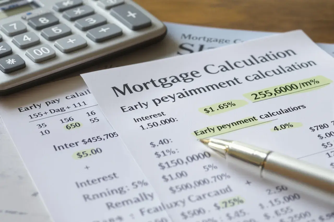 Calculatrice et documents financiers. On y voit des calculs de prêt hypothécaire, des taux d'intérêt et des frais de remboursement anticipé credit agricole.