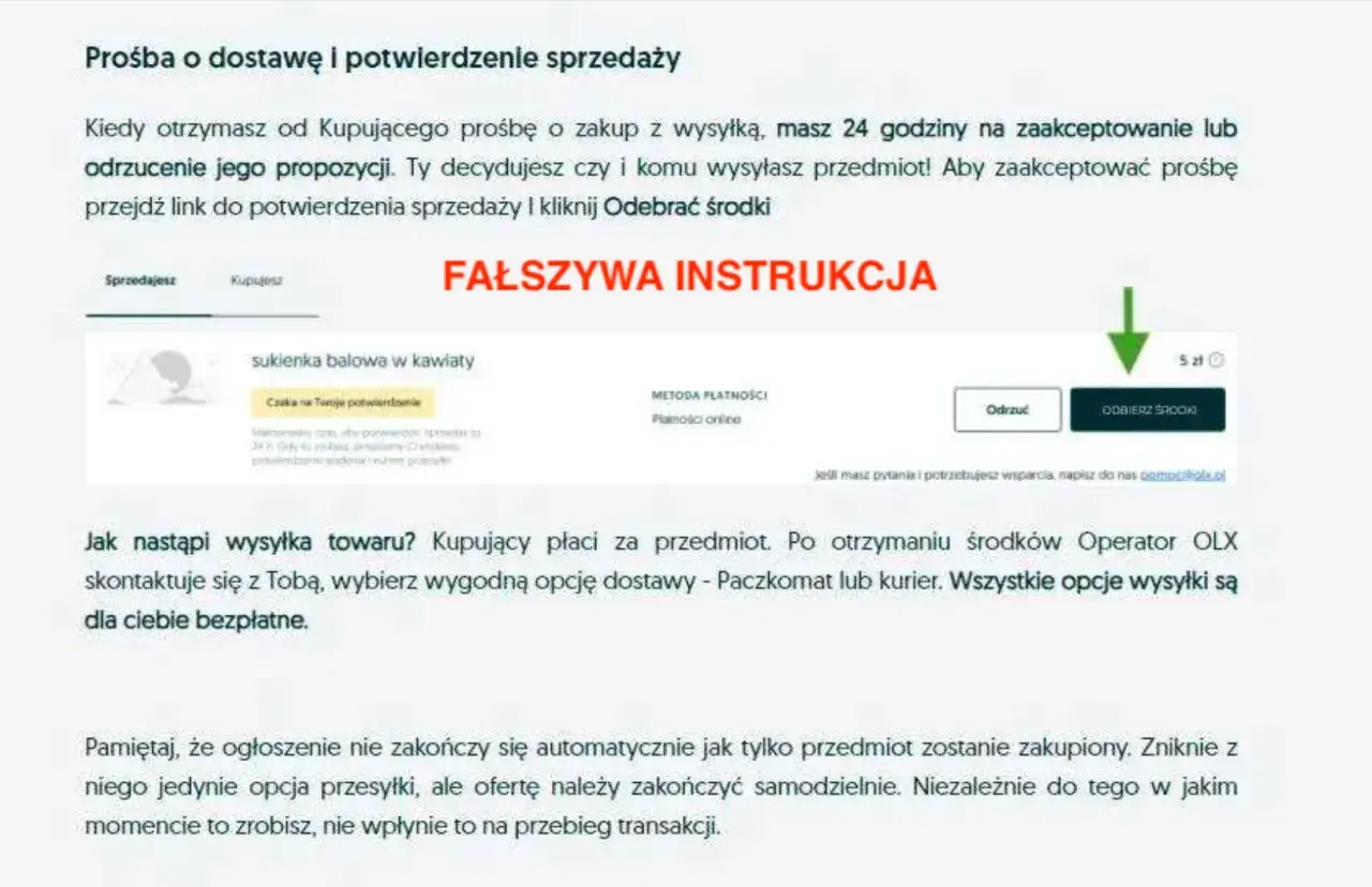 Ostrzeżenie przed oszustwami na OLX: fałszywa instrukcja "Odebrać środki" może prowadzić do utraty pieniędzy. Uważaj na podejrzane linki.