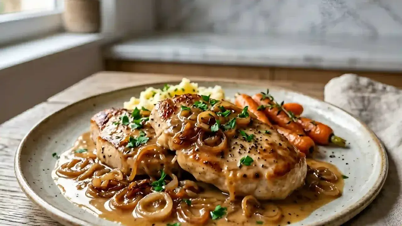 Escalope de dinde savoureuse, nappée d'une sauce onctueuse aux oignons caramélisés, accompagnée de carottes glacées et d'une purée crémeuse.