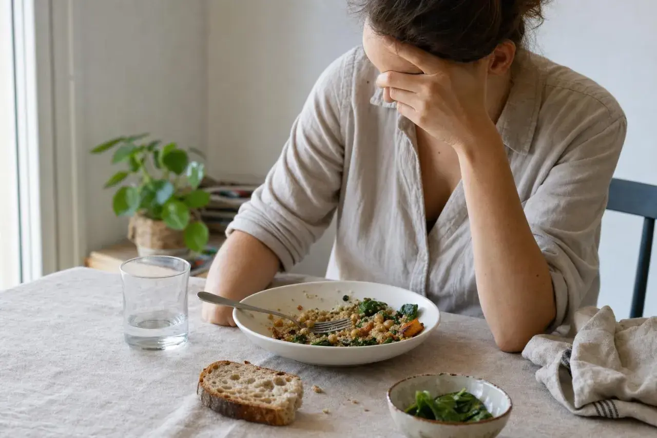 Donna con la mano sulla fronte, sopra un piatto di cibo, soffre di sonnolenza dopo pranzo.