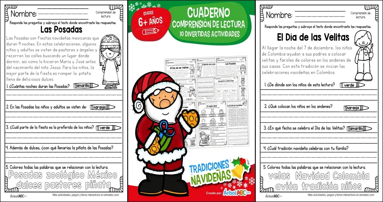 Cuaderno de comprensión lectora navideña con actividades sobre "Las Posadas" y "El Día de las Velitas".