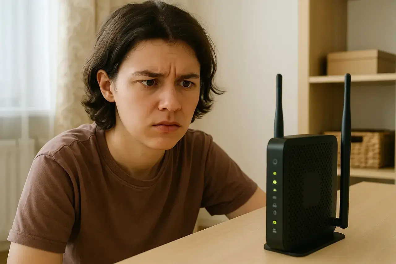Zmarszczone brwi młodego człowieka patrzącego na świecące diody modemu. Czy to jest modem, który sprawia problemy?
