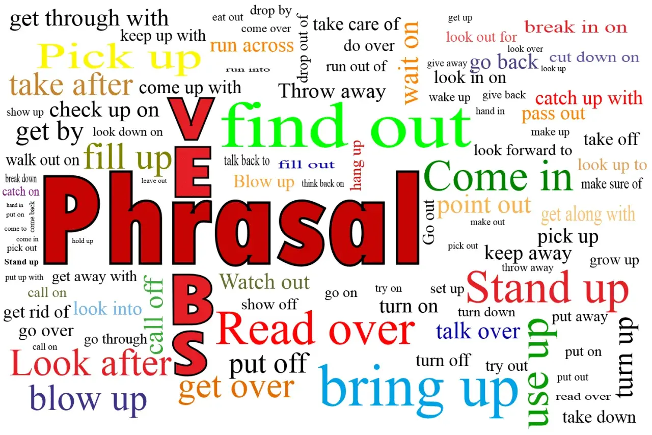 Nube de palabras con verbos frasales en inglés, destacando "Phrasal Verbs".