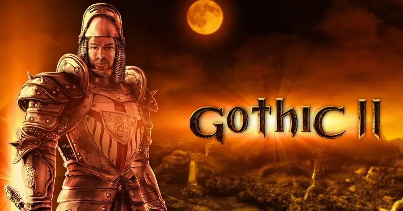 Rycerz w zbroi na tle księżyca i krajobrazu z napisem Gothic II.