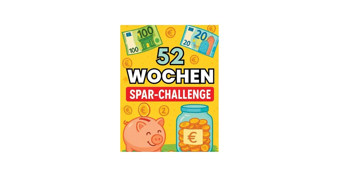 Sparschwein, Münzen und Geldscheine auf gelbem Hintergrund. Die Aufschrift "52 Wochen Spar-Challenge" lädt zum Sparen ein.