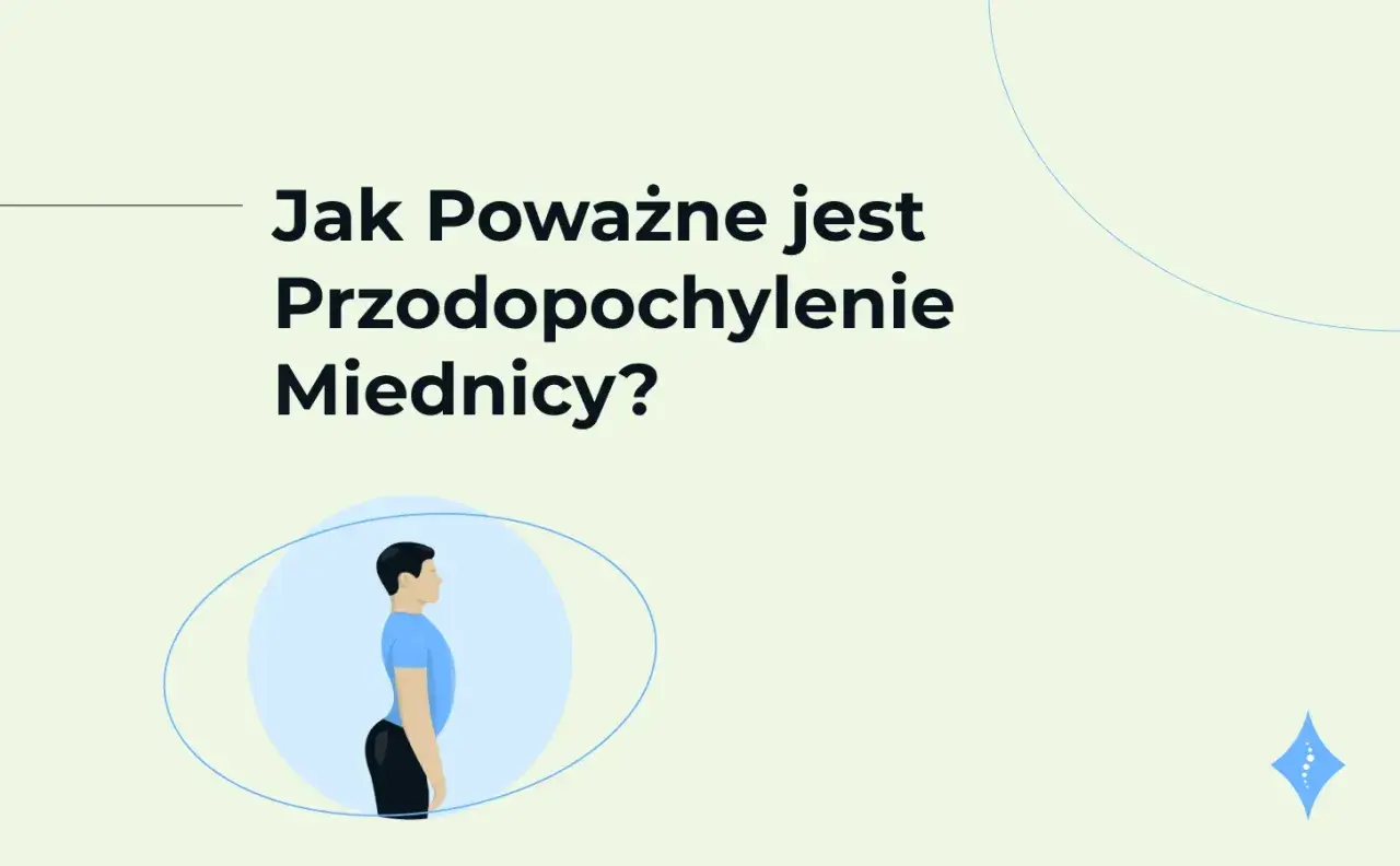Ilustracja przedstawia sylwetkę mężczyzny z widocznym przodopochyleniem miednicy. Tekst pyta: "Jak Poważne jest Przodopochylenie Miednicy?".