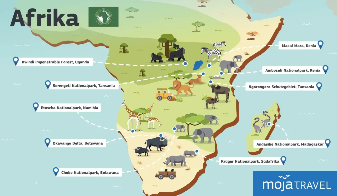 Karte von Afrika mit Tierabbildungen und Nationalparks für eine Safari. Gorillas, Löwen, Elefanten, Zebras und Giraffen sind zu sehen.
