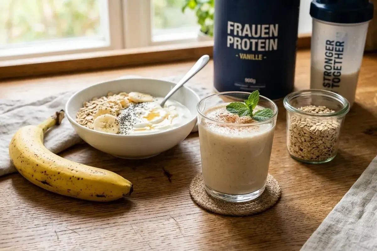 Gesunder Frühstückstisch mit Joghurt, Haferflocken, Banane und einem Vanille-Proteinshake. Die proteinreiche Ernährung unterstützt die Muskelregeneration bei Frauen.