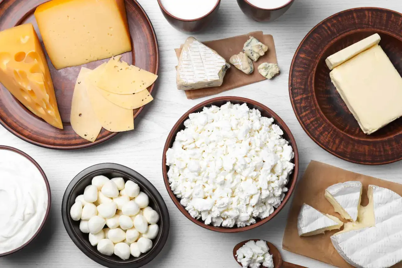 Varietà di formaggi grassi quali sono: burro, brie, formaggio svizzero, fiocchi di latte, mozzarelline e altri.