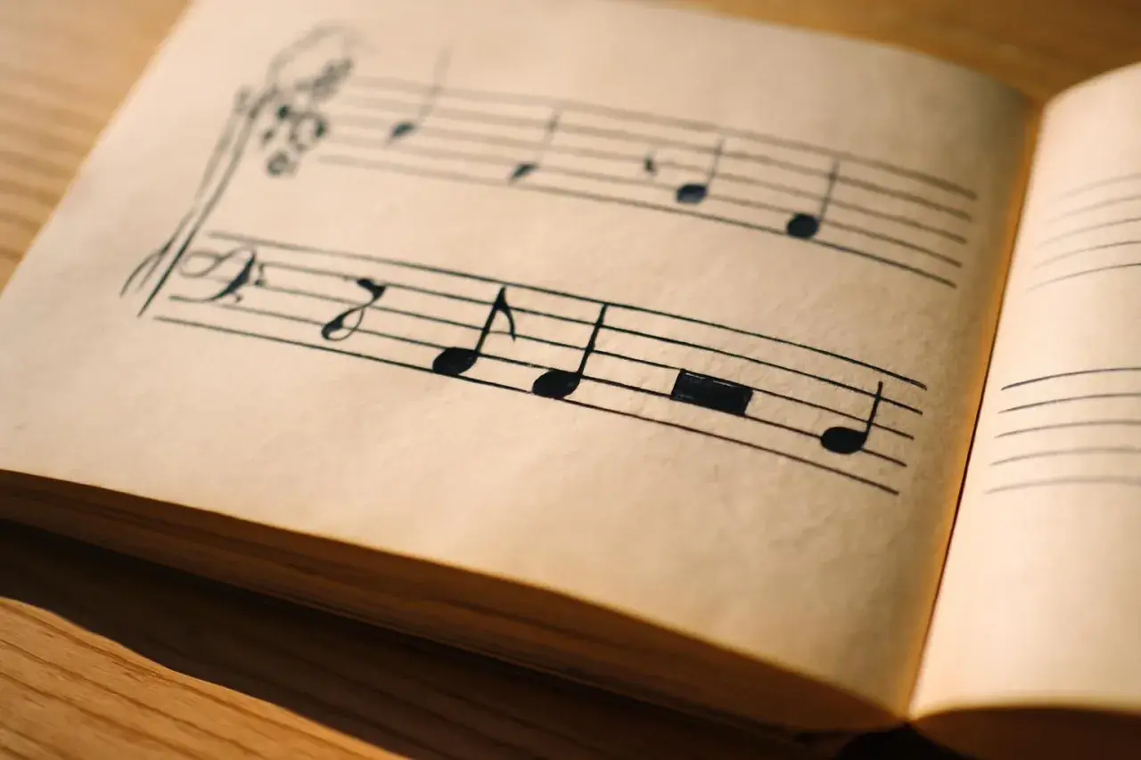 Feuilles jaunies d'un carnet de musique, notes dessinées à la main. Une mélodie suspendue, un demi soupir avant la prochaine mesure.
