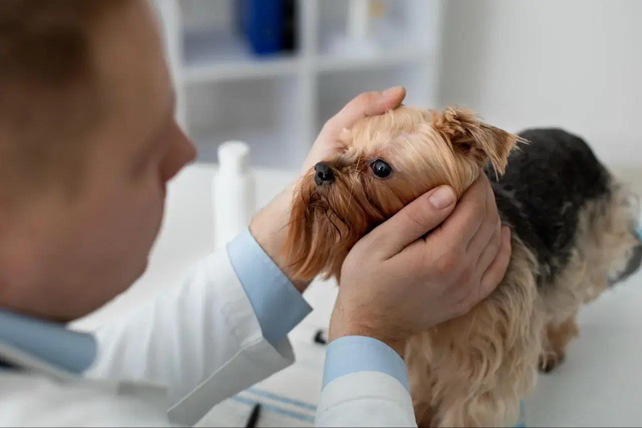 Wet nose, sad eyes. Wet Yorkshire terrier pies ma katar i charczy, weterynarz go bada.