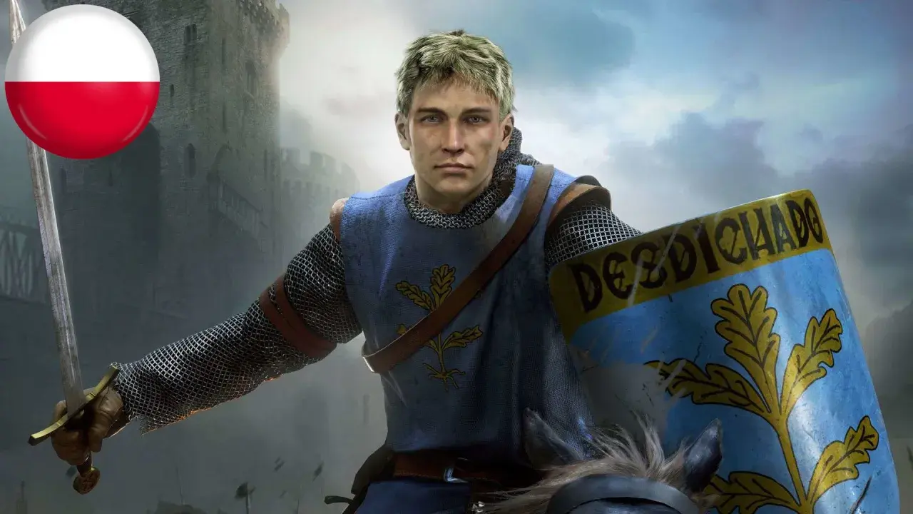 Rycerz z tarczą i mieczem, gotowy do walki. Polska flaga w tle. Idealny do gry Crusader Kings 2 spolszczenie.