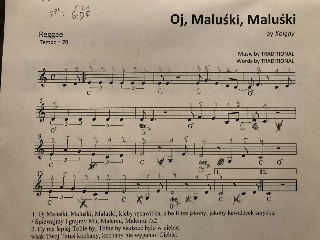 Nuty do piosenki "Oj, Maluśki, Maluśki" w stylu reggae. Podano akordy i rytm, co ułatwia naukę, jak zagrać na gitarze "Sto lat" w tej aranżacji.