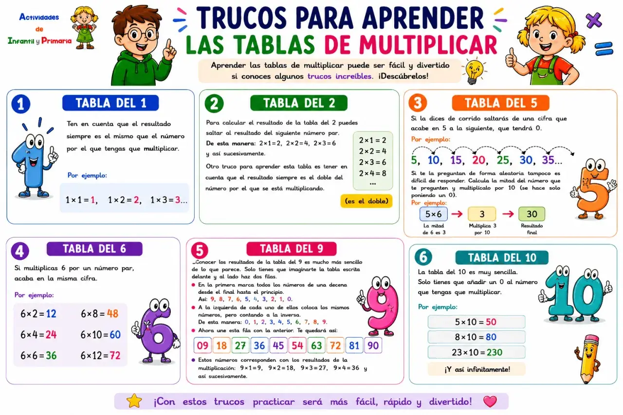 La tabla del 10 es muy sencilla. Añade un 0 al número a multiplicar. Por ejemplo: 5x10=50. ¡Así infinitamente!