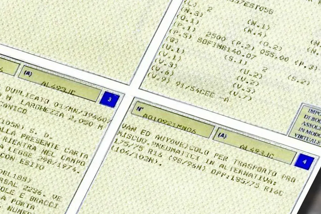 Dettagli di una carta di circolazione con dati tecnici e codici.