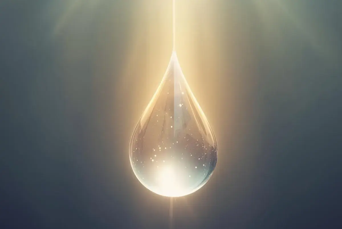 Goutte lumineuse, symbole d'espoir. Une goutte d'eau scintillante, baignée de lumière, évoque la question : peut-on guérir de la goutte ?