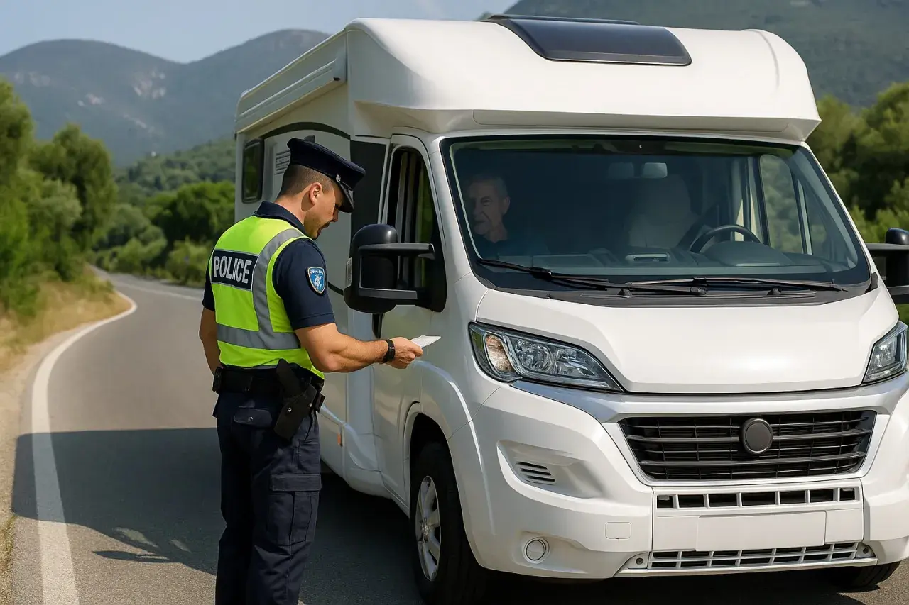 Policjant kontroluje kampera na drodze. Planujesz podróż? Sprawdź, co zobaczyć na Chalkidiki!
