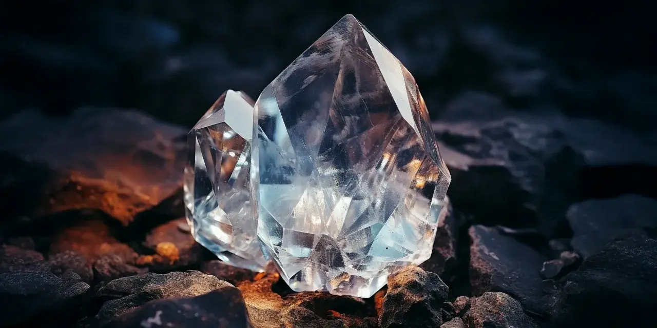 Dwa kryształy, jeden wielki diament, lśnią na tle ciemnych skał, odbijając światło.