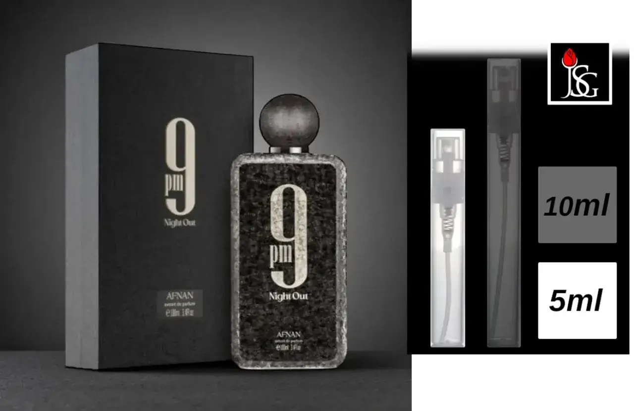 Flakon perfum Afnan 9PM Night Out obok czarnego pudełka i próbek 10ml i 5ml.