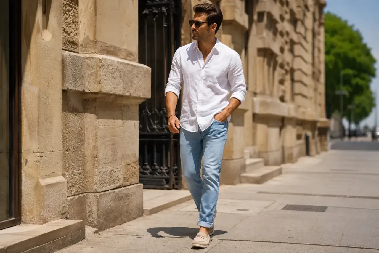 Mężczyzna w białej lnianej koszuli i jasnych jeansach, tworzący stylowy "canadian tuxedo", spaceruje ulicą.