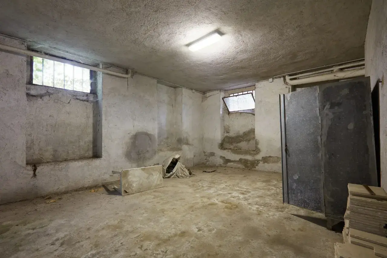 Ein leerer, feuchter Keller mit Betonwänden und -boden, bereit für die Keller sanieren. Ein Fenster mit Gitter und eine Metalltür sind sichtbar.