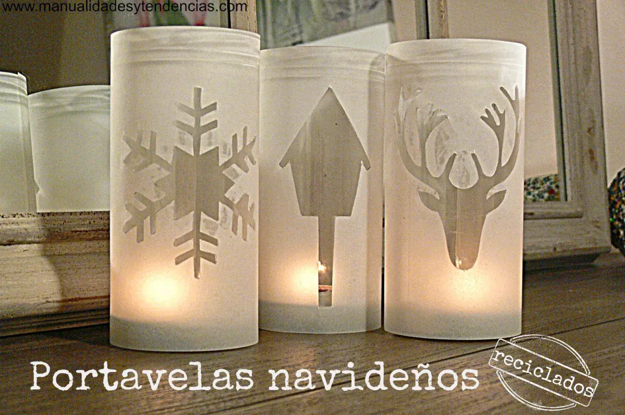 Portavelas manualidades para niños con diseños de copo de nieve, casita y ciervo. ¡Perfectos para decorar en Navidad!