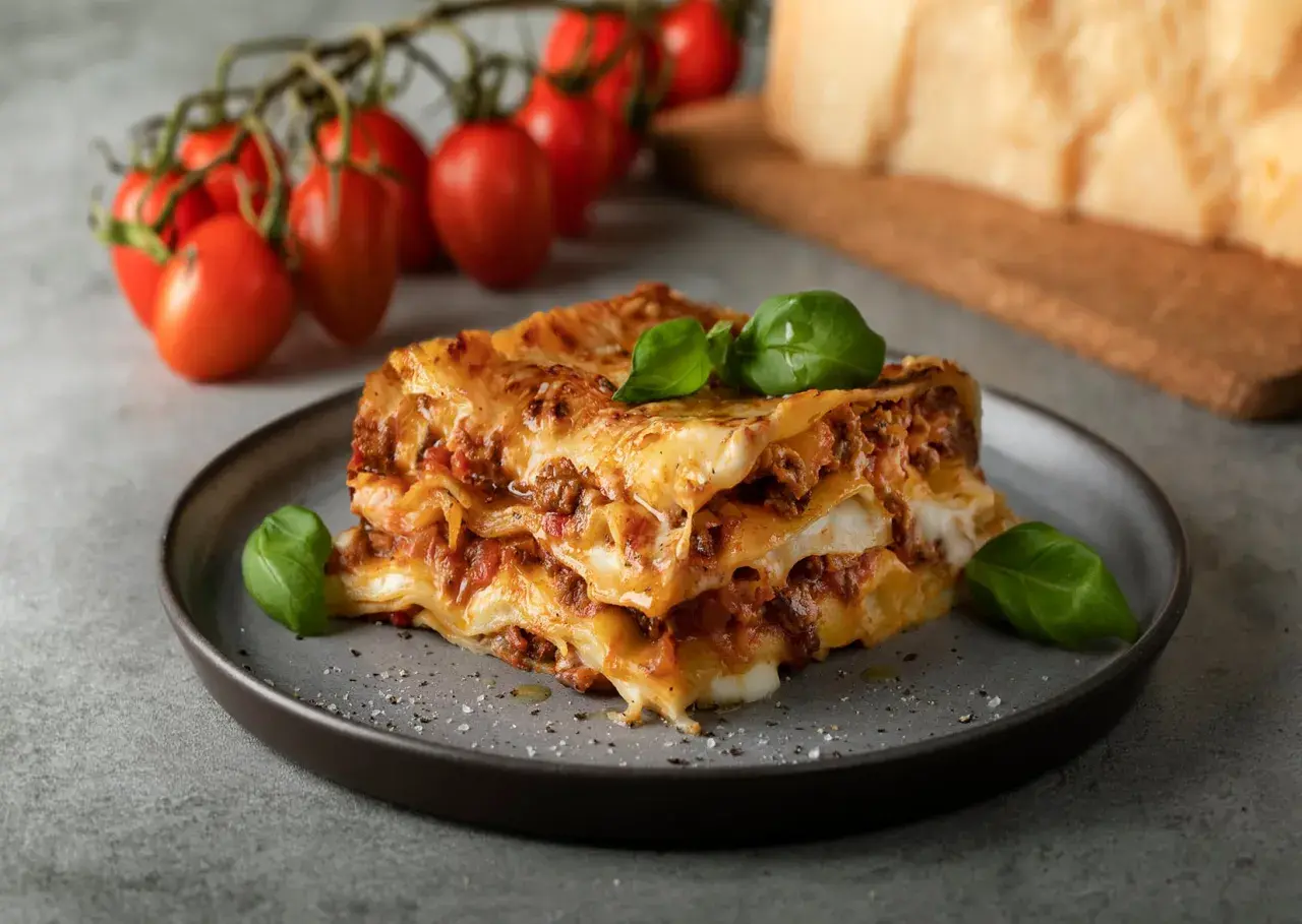 En bit italiensk lasagne med köttfärssås och ost, garnerad med basilika. Tomater och parmesanost i bakgrunden.