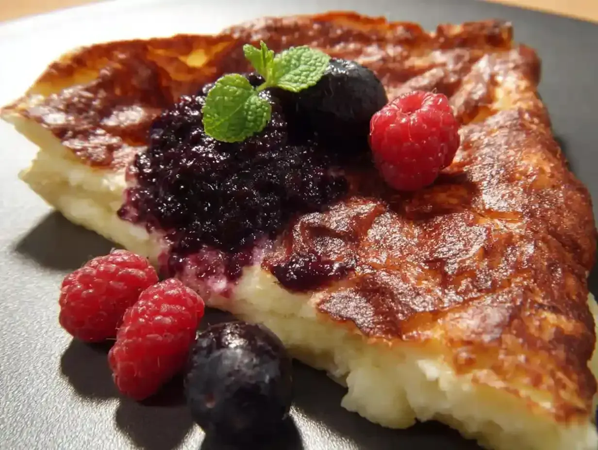 En bit fluffig tjockpannkaka med blåbärssylt, hallon och mynta. Ett perfekt recept för en härlig frukost eller fika.