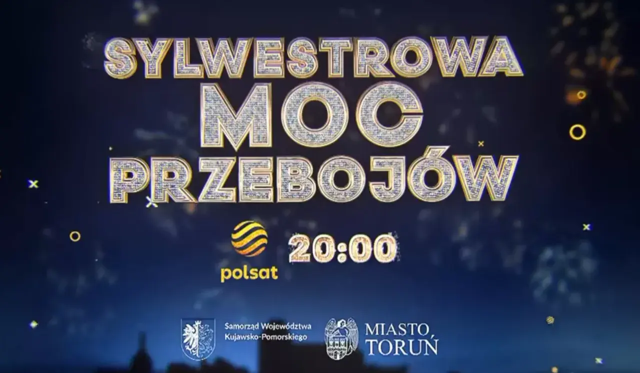 Sylwestrowa moc przebojów na Polsacie o 20:00. Złote litery i fajerwerki zapowiadają niezapomnianą noc.