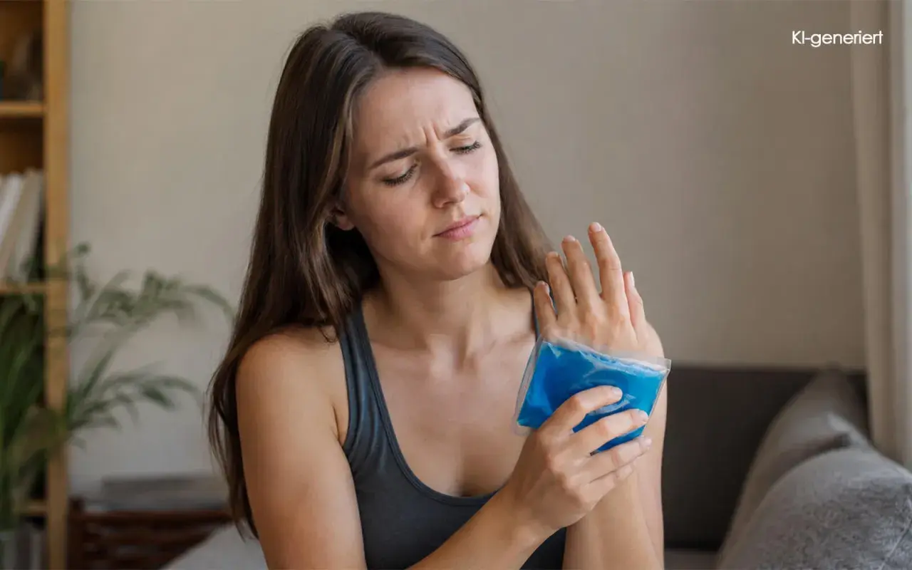 Frau mit schmerzverzerrtem Gesicht kühlt ihr Handgelenk mit einem blauen Kühlpack. Mögliche **Prellung Handgelenk Symptome** wie Schmerz und Schwellung werden hier behandelt.