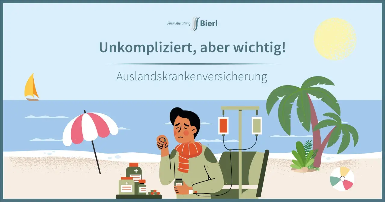Ein Mann mit Schal und Infusion am Strand. Die Finanzberatung Bierl bietet unkomplizierte Auslandskrankenversicherung.