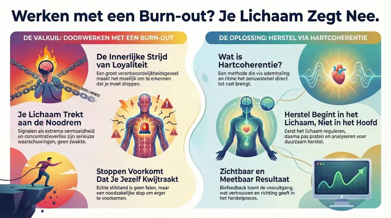 Illustratie over burn-out: valkuilen zoals loyaliteit en doorwerken, en oplossingen zoals hartcoherentie voor vrijwillige opname en herstel.