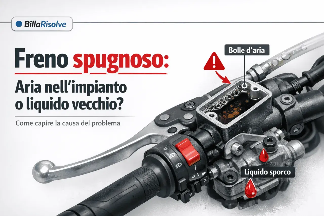 Manubrio moto con serbatoio freno aperto, mostra bolle d'aria e liquido sporco. Guida su come fare lo spurgo dei freni.