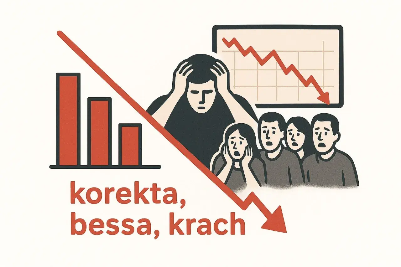 Ludzie z przerażeniem patrzą na wykresy i słupki spadające w dół. To obrazuje, co to bessa i jak wpływa na nastroje.