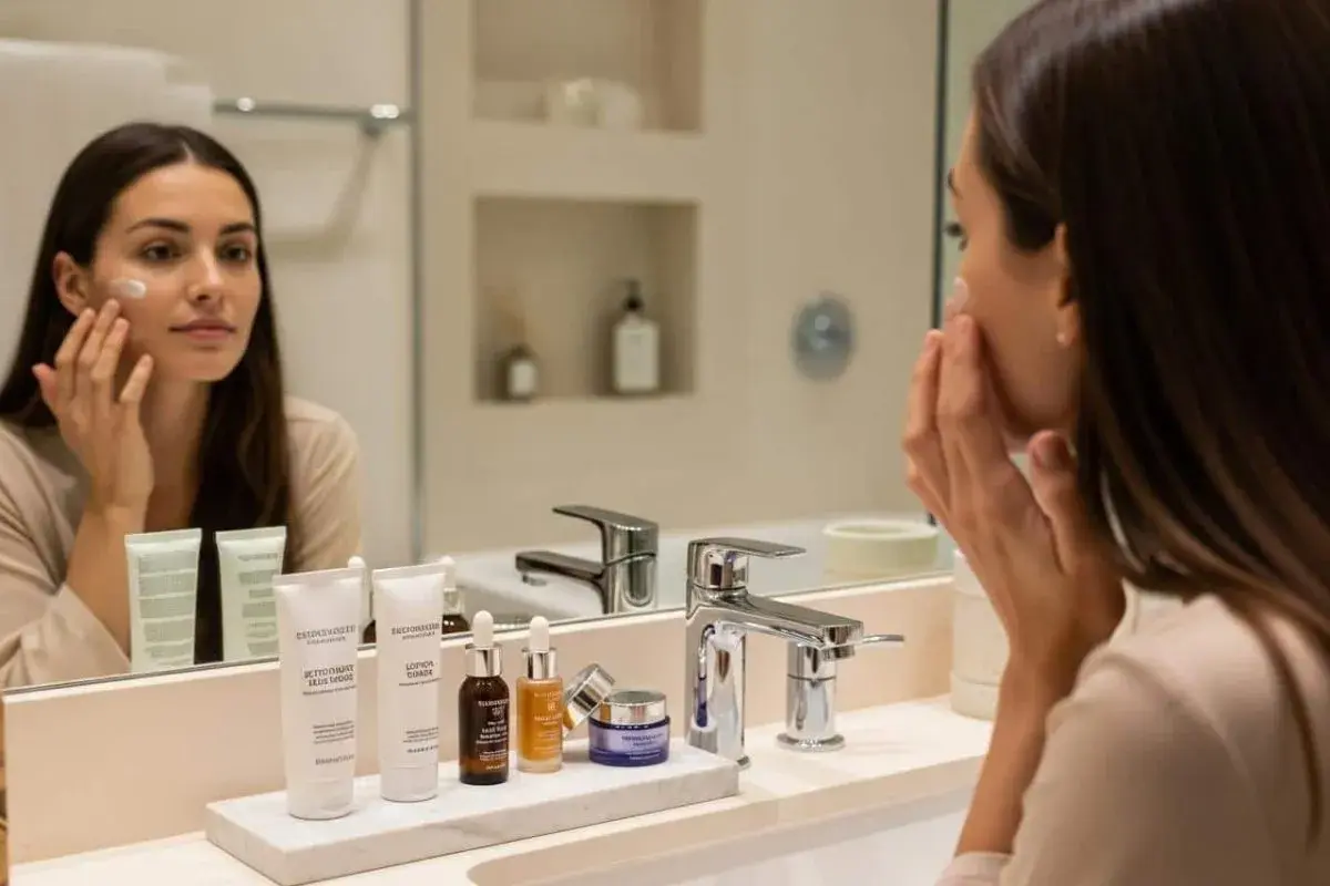 Une femme applique une crème sur son visage, devant un miroir reflétant sa routine soins visage avec plusieurs produits de beauté.