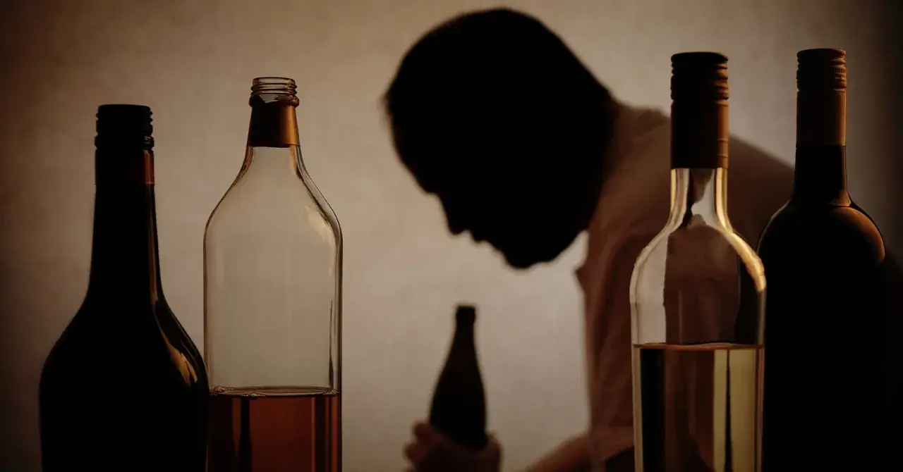 Flera flaskor alkohol framför en person i silhuett. Bilden illustrerar utmaningar med alkohol och arbetsgivarens rehabiliteringsansvar.