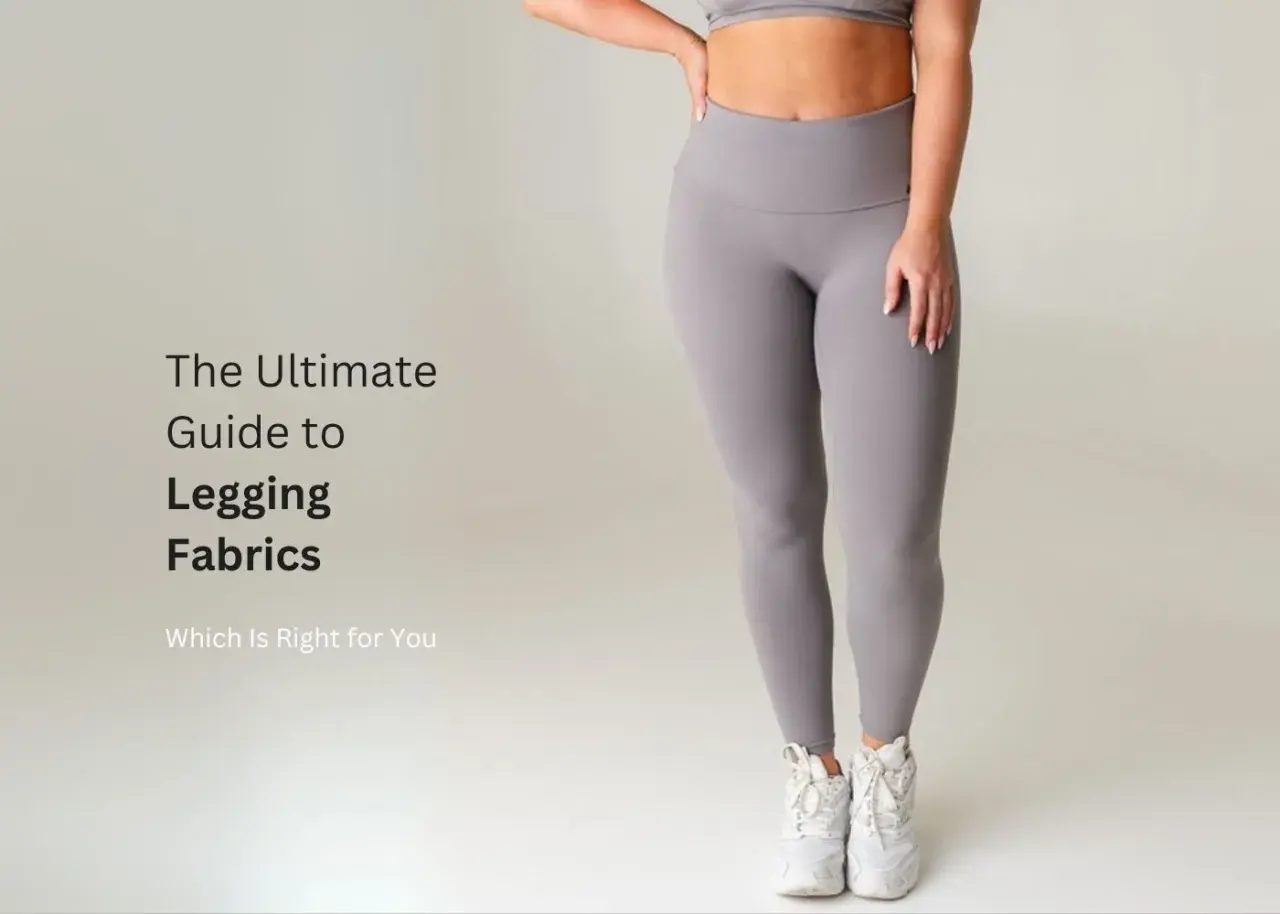 A woman models grey leggings, showcasing the ultimate guide to legging fabrics and what material are leggings made of for your perfect fit.