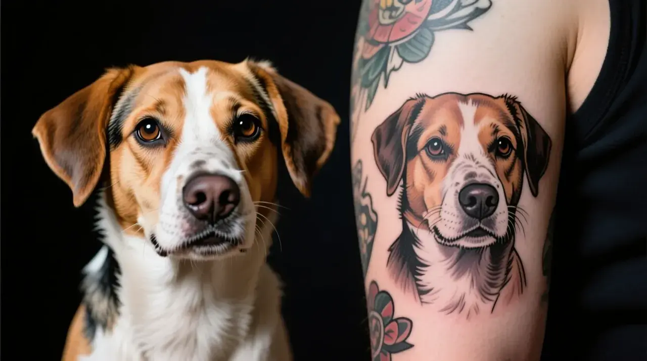 Un perro real mira a su gemelo en un tatuaje de perro realista en un brazo.