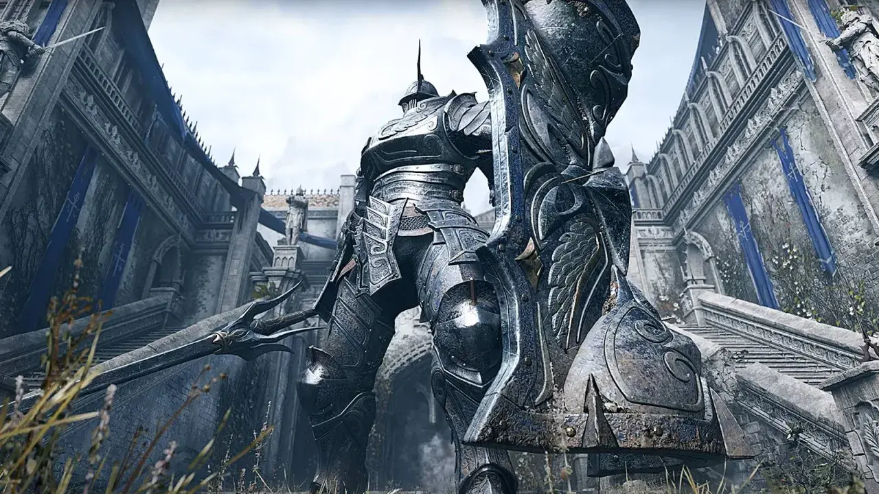 Rycerz w lśniącej zbroi, gotowy do walki w świecie Demon's Souls Remake PC. Potężna tarcza i miecz czekają na wyzwania.