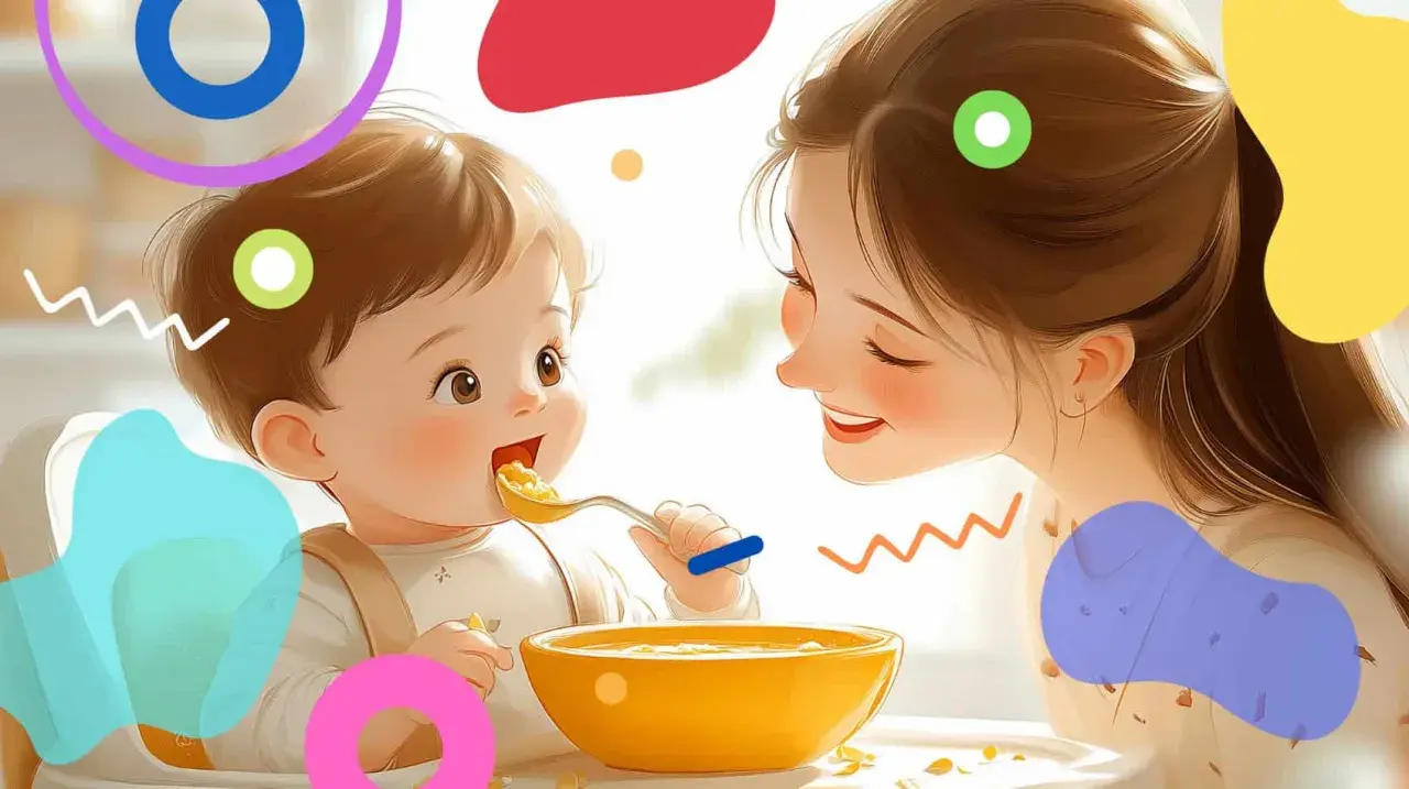 Mamma sorridente mentre dà la prima pappa svezzamento al suo bambino felice, con una ciotola gialla piena di cibo.