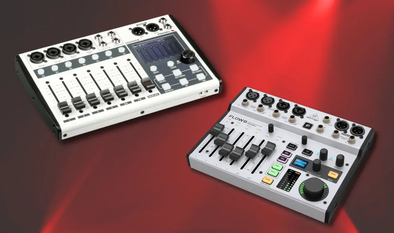 Zwei digitale Mischpulte: ein weißes PROEL DIGIPAD8 und ein silbernes Behringer FLOW8, das als behringer flow 8 nachfolger gehandelt wird.
