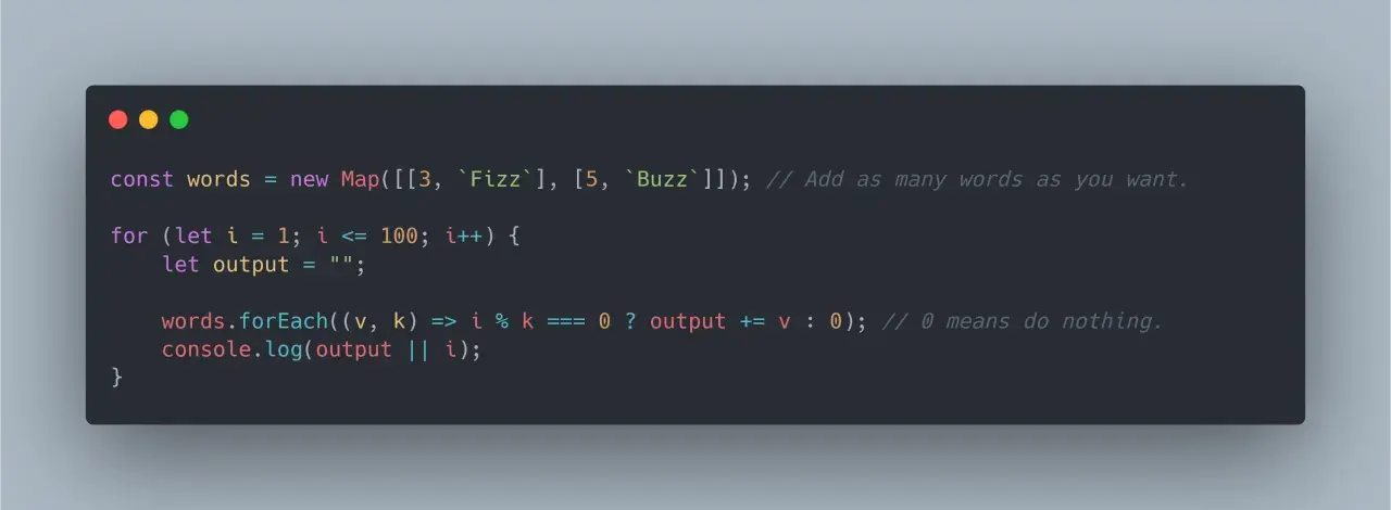 Kod JavaScript implementujący grę Fizz Buzz. Iteruje od 1 do 100, drukując "Fizz" dla wielokrotności 3, "Buzz" dla wielokrotności 5.