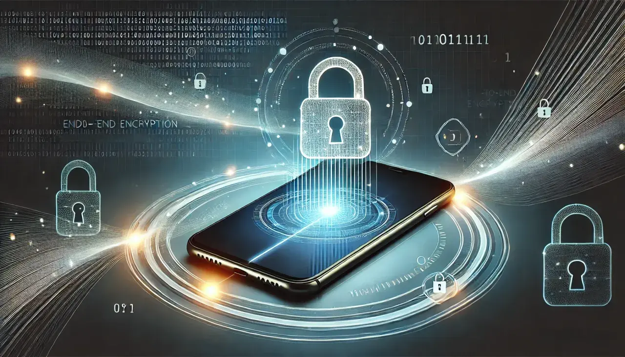 Telefon z symbolami kłódki i tekstem "END-TO-END ENCRYPTION" w cyfrowym świecie.