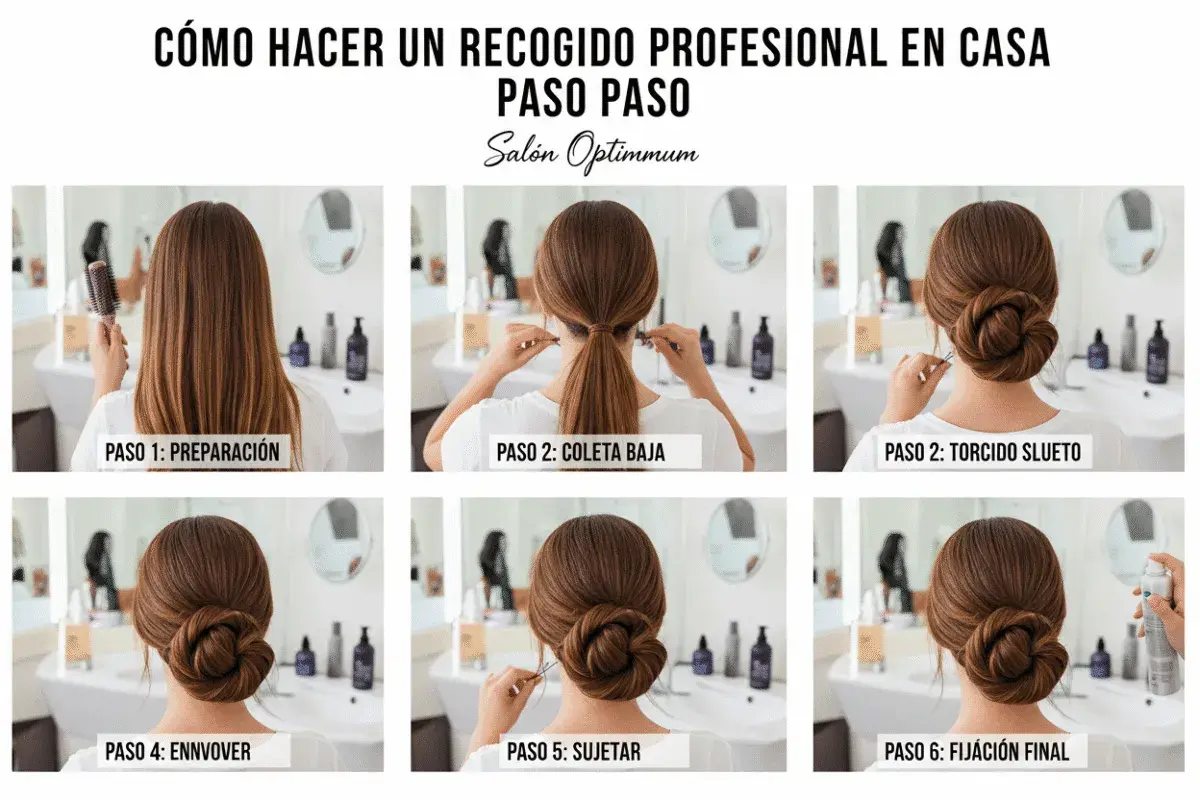 Tutorial paso a paso para crear un moño bajo elegante. Se muestra la preparación, coleta, torcido, envolver, sujetar y fijación final.