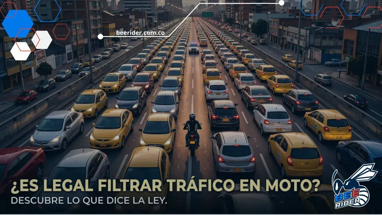 Motociclista se abre paso entre el tráfico denso. ¿Es legal filtrar en moto? Descubre la ley.