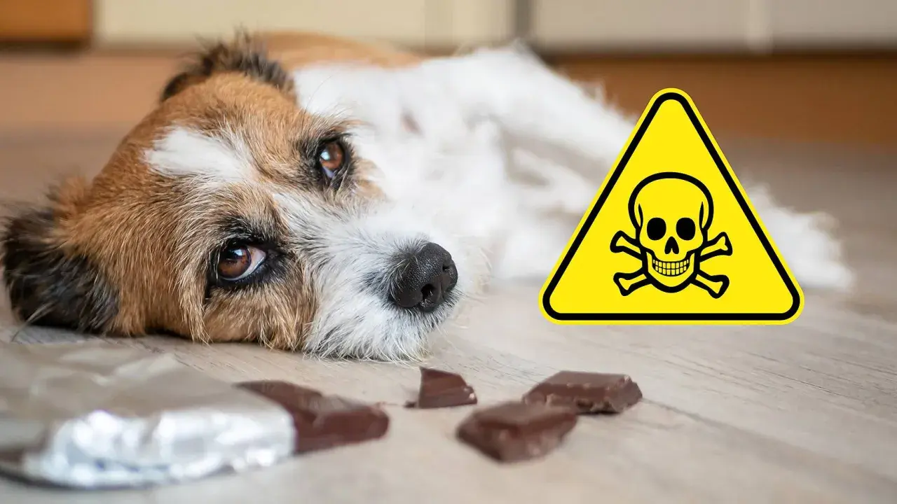 Ein trauriger Hund liegt neben Schokoladenstückchen und einem Warnschild. Xylit ist für Hunde hochgiftig!