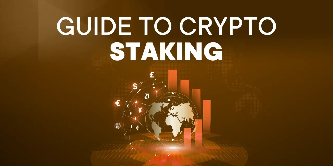 Guida al crypto staking: un globo terrestre con simboli di valute e grafici a barre suggerisce opportunità di investimento globale.